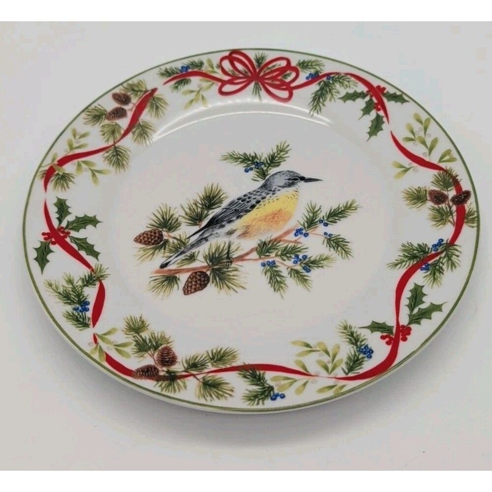 American Atelier Xmas Woodland Plate Salad Desser Winter Bird Pine Juniper Holly